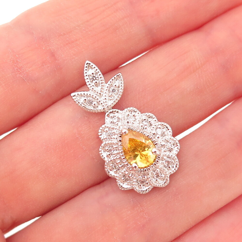 925 Sterling Silver Canary & White C Z Floral Teardrop Slide Charm Pendant